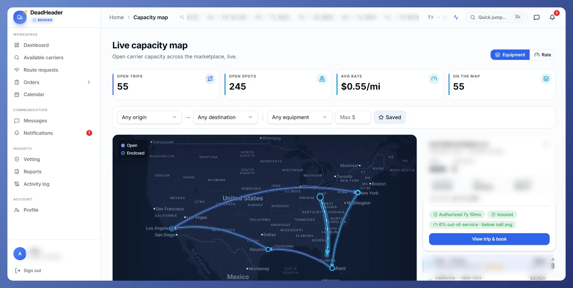 DeadHeader live capacity map - carrier trips arcing between US cities